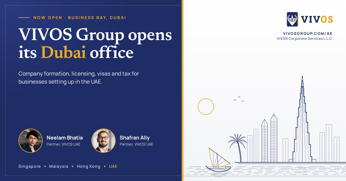 VIVOS Group opens its Dubai office in Business Bay, with Partners Neelam Bhatia and Shafran Ally and a line drawing of the Dubai skyline
