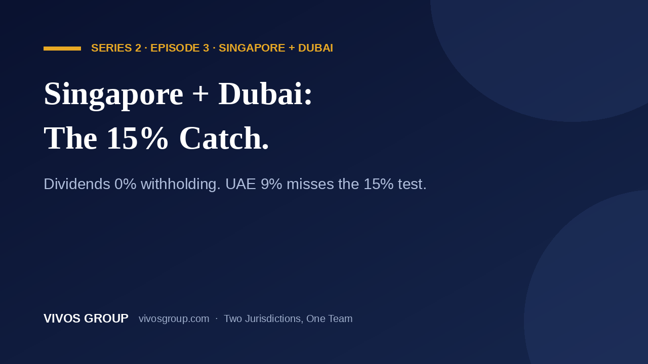 Dubai company with a Singapore parent, 2026: UAE corporate tax 0% to AED 375,000 then 9%, Singapore + Dubai, VIVOS Group Two Jurisdictions, One Team Episode 3.