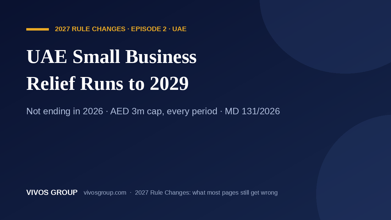 Small business relief extended to 2029: Dubai mainland vs free zone companies, AED 3m revenue limit, Qualifying Free Zone Persons excluded. VIVOS UAE, 2027 Rule Changes Episode 2.